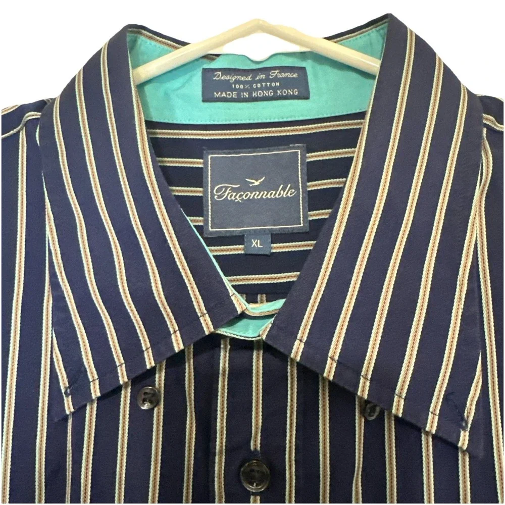Faconnable Button Down Shirt‎ Men's Size XL Dark Navy Blue & Tan Striped